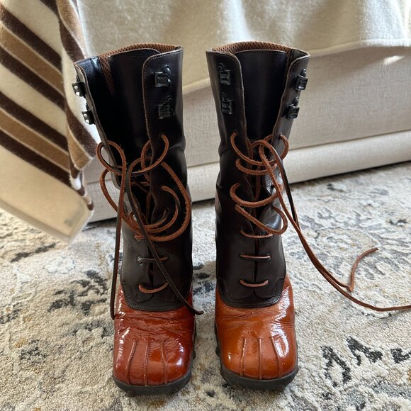 (SOLD) Miu Miu FW 1999 brown and orange patent leather heels high boots - Picture 6 of 9